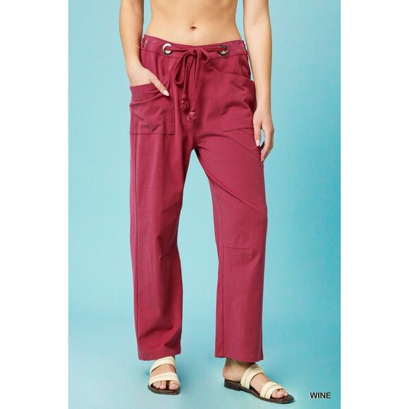 Umgee High Waist Adjustable Drawstring Casual Relaxed Fit Wide Leg Pants | Wine - Picture 2 of 5